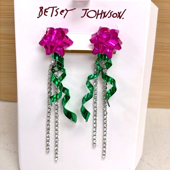 Brand New Betsey Johnson Metallic Pink Bow Ribbon Dangly Rhinestone Earrings - Picture 6 of 11